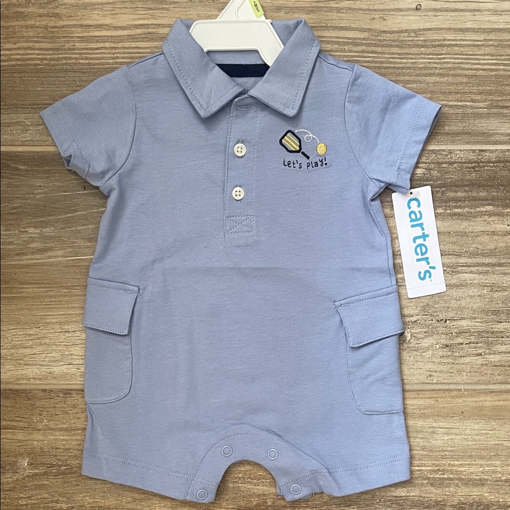 Carter's Light Blue Romper with Playful Pickleball🏓 Embroidery “Let’s Play” 3 M